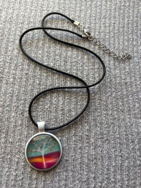 Colorful round floral Tree of Life pendant necklace on black cord w extender